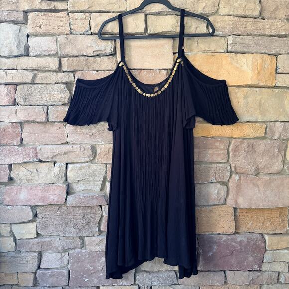 EUC TORRID 4XL Mini Gauze Black Cold Shoulder Trapeze Gold Accent Mini Dress - Picture 3 of 15